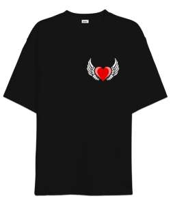 Kalp ve Kanatlar - Heart And Wings - Sırt Baskılı Siyah Oversize Unisex Tişört