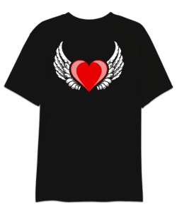 Kalp ve Kanatlar - Heart And Wings - Sırt Baskılı Siyah Oversize Unisex Tişört