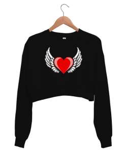 Kalp ve Kanatlar - Heart And Wings Siyah Kadın Crop Sweatshirt