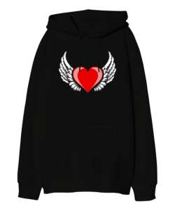 Kalp ve Kanatlar - Heart And Wings Siyah Oversize Unisex Kapüşonlu Sweatshirt