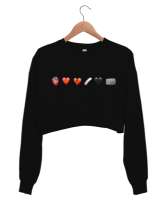 Kalp ve taş Siyah Kadın Crop Sweatshirt - Thumbnail