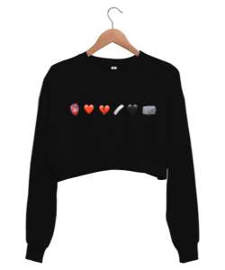 Kalp ve taş Siyah Kadın Crop Sweatshirt