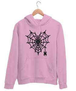 Kalpli örümcek ağı baskılı pembe Pembe Unisex Kapşonlu Sweatshirt