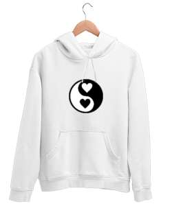 Kalpli Yin ile Yang Beyaz Unisex Kapşonlu Sweatshirt