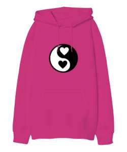  Kalpli Yin Yang Fuşya Oversize Unisex Kapüşonlu Sweatshirt