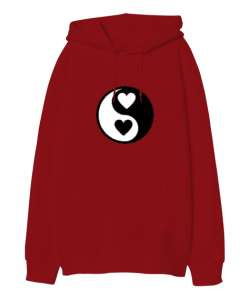 Kalpli Yin Yang Kırmızı Oversize Unisex Kapüşonlu Sweatshirt