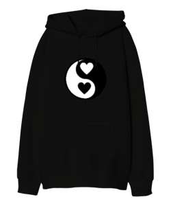 Kalpli Yin Yang Siyah Oversize Unisex Kapüşonlu Sweatshirt