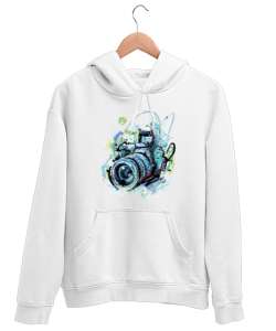 Kamera baskılı Beyaz Renkli Erkek Giysisi Beyaz Unisex Kapşonlu Sweatshirt