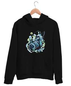 Kamera Baskılı Siyah Renkli Erkek Giysisi Siyah Unisex Kapşonlu Sweatshirt