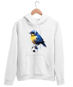 Kanarya ve futbol topu tasarım baskılı Beyaz Unisex Kapşonlu Sweatshirt