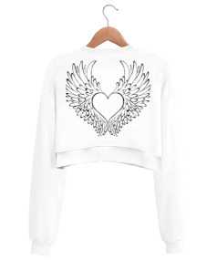 Kanatlı Kalp Desenli Kadın Crop Sweatshirt arka yüzeyde Kadın Crop Sweatshirt