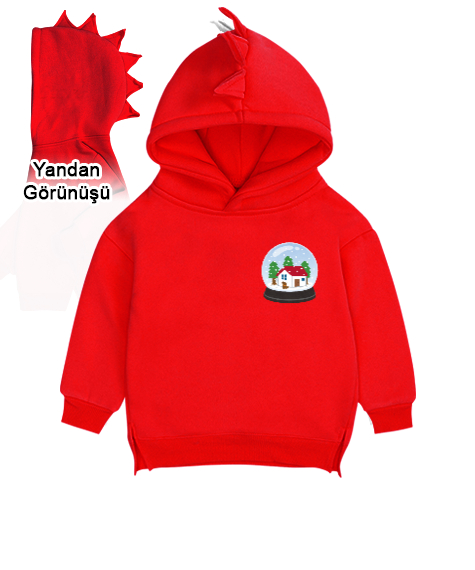 Tisho - Kar manzaralı Kırmızı Çocuk Dinozor Kapşonlu Hoodie