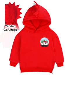 Kar manzaralı Kırmızı Çocuk Dinozor Kapşonlu Hoodie