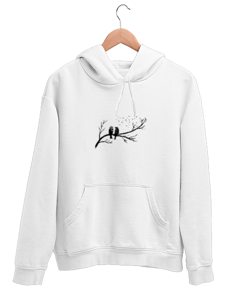 Tisho - kara kalem doğa tasviri Beyaz Unisex Kapşonlu Sweatshirt