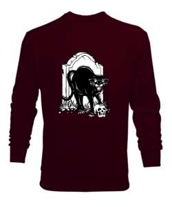 Kara Kedi ve Kafatası - Skull Bordo Erkek Sweatshirt