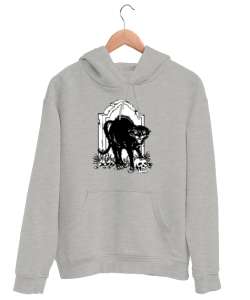 Kara Kedi ve Kafatası - Skull Gri Unisex Kapşonlu Sweatshirt