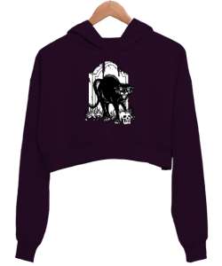 Kara Kedi ve Kafatası - Skull Koyu Mor Kadın Crop Hoodie Kapüşonlu Sweatshirt