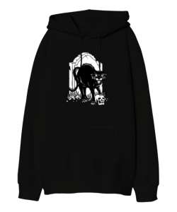 Kara Kedi ve Kafatası - Skull Siyah Oversize Unisex Kapüşonlu Sweatshirt