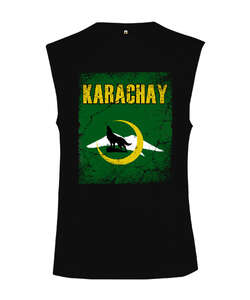 Karaçay,Karaçay Bayrağı, Karaçay logosu. Siyah Kesik Kol Unisex Tişört