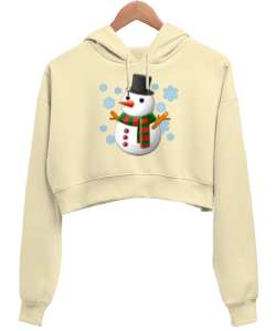 Kardan adamlı Krem Kadın Crop Hoodie Kapüşonlu Sweatshirt