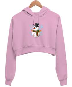 Kardan adamlı Pembe Kadın Crop Hoodie Kapüşonlu Sweatshirt