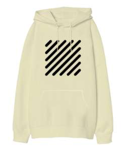 Kare Desenli Sağ Çizgili Krem Oversize Unisex Kapüşonlu Sweatshirt