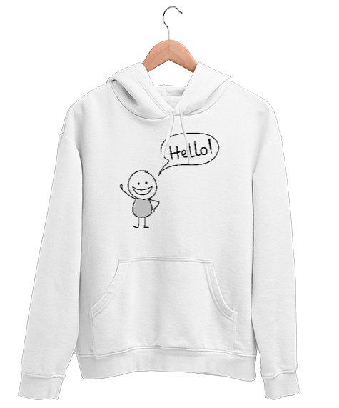 Tisho - Karikatür Çizim, Merhaba - Hello Beyaz Unisex Kapşonlu Sweatshirt