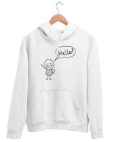 Karikatür Çizim, Merhaba - Hello Beyaz Unisex Kapşonlu Sweatshirt - Thumbnail