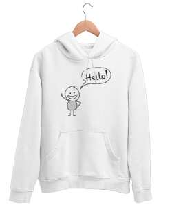 Karikatür Çizim, Merhaba - Hello Beyaz Unisex Kapşonlu Sweatshirt