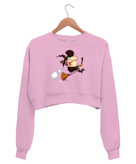 Tisho - Karikatür Komik Cadı Pembe Kadın Crop Sweatshirt