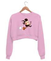 Karikatür Komik Cadı Pembe Kadın Crop Sweatshirt - Thumbnail