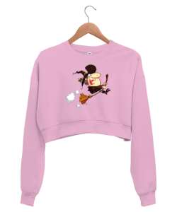 Karikatür Komik Cadı Pembe Kadın Crop Sweatshirt