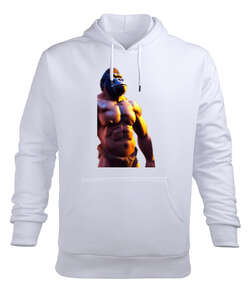 Karın Kaslı Fit Güçlü Yabani Orangutan Beyaz Erkek Kapüşonlu Hoodie Sweatshirt