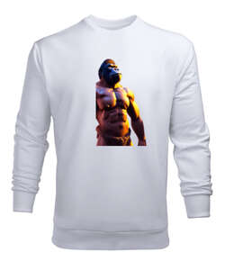 Karın Kaslı Fit Güçlü Yabani Orangutan Beyaz Erkek Sweatshirt