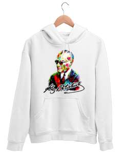 Karizma Gözlüklü Gazi Mustafa Kemal Atatürk Portresi Baskılı Beyaz Unisex Kapşonlu Sweatshirt