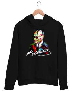 Karizma Gözlüklü Gazi Mustafa Kemal Atatürk Portresi Baskılı Siyah Unisex Kapşonlu Sweatshirt