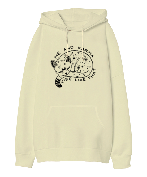 Karma Is A Cat - Me And Karma Krem Oversize Unisex Kapüşonlu Sweatshirt