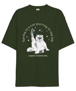 Karma is a cat Taylor Swift Midnights Haki Yeşili Oversize Unisex Tişört