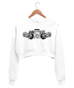 kaset ve teyp baskılı Kadın Crop Sweatshirt