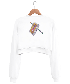 kaset ve teyp baskılı Kadın Crop Sweatshirt