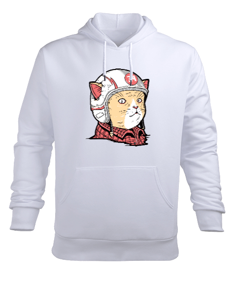 Kasketli Gömlekli Ciddi Tatlı Yarışçı Kedi Beyaz Erkek Kapüşonlu Hoodie Sweatshirt