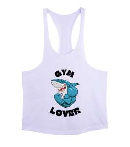 Kaslı Komik Gülen Fitness Köpekbalığı GYM Lover Gym Aşığı Özel Tasarım Beyaz Erkek Tank Top Atlet