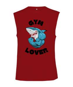 Kaslı Komik Gülen Fitness Köpekbalığı GYM Lover Gym Aşığı Özel Tasarım Kırmızı Kesik Kol Unisex Tişört