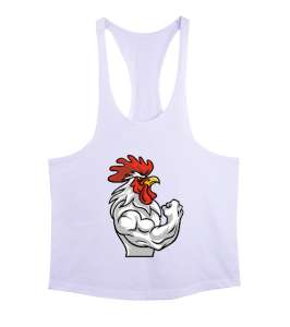 Kaslı Sporcu Fitness Güçlü Horoz Beyaz Erkek Tank Top Atlet