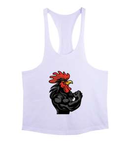 Kaslı Sporcu Fitness Güçlü Horoz Beyaz Erkek Tank Top Atlet