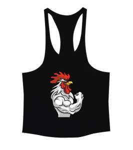 Kaslı Sporcu Fitness Güçlü Horoz Siyah Erkek Tank Top Atlet