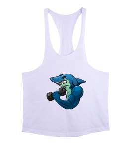 Kaslı Sporcu Fitness Köpek Balığı Beyaz Erkek Tank Top Atlet