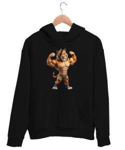 Kaslı Sporcu Kaplan - GYM - Vücut Geliştirme Siyah Unisex Kapşonlu Sweatshirt