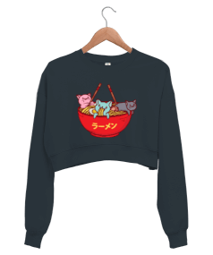 Kawai Anime Kedi Füme Kadın Crop Sweatshirt