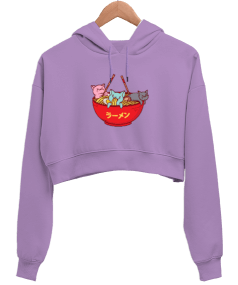 Kawai Anime Kedi Lila Kadın Crop Hoodie Kapüşonlu Sweatshirt